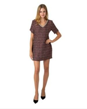 Sam Edelman Nyah Tweed Shift Mini Dress 4 Black Red Rhinestone V-Neck Sequin NWT